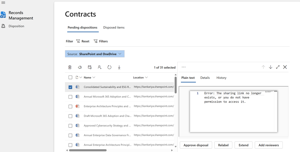 Microsoft Purview Disposition Review: A Complete Guide 4 Screenshot 3 of 4 — Mini-review pane
Pending dispositions — item list with mini-review pane open (Source / Details / History tabs)