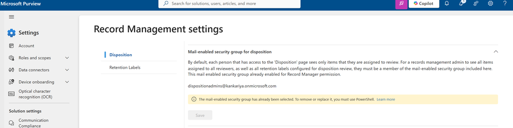 Purview Disposition Review Permissions: 5 Costly Mistakes 3 Records Management Settings - Mail enabled security group for disposition